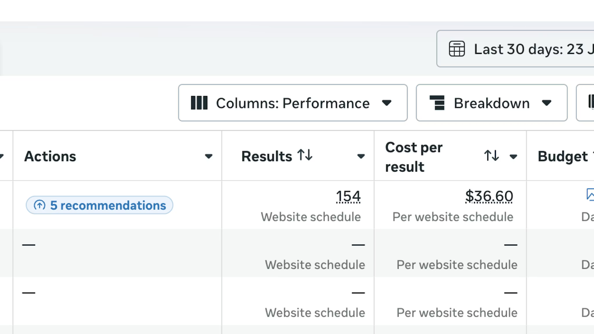 Meta Ads Manager, 154 website schedules at $36.60