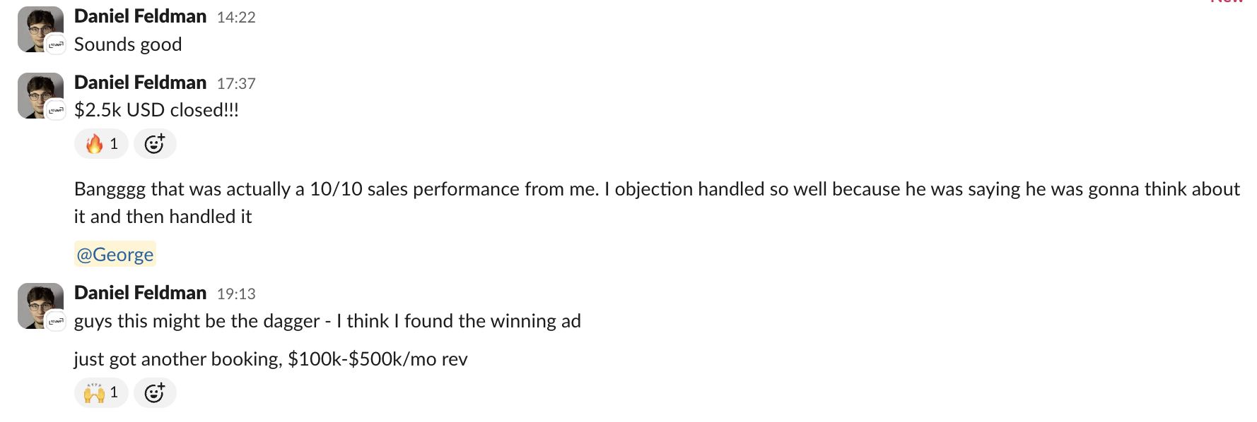 Daniel Feldman, $2.5k USD closed, dagger ad